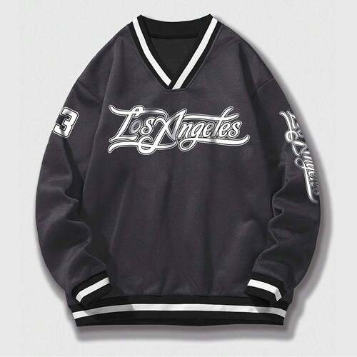 Letter & Number Print Drop Shoulder V Neck Sweatshirt Loose
