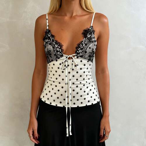 Polka Dot Lace V-Neck Spaghetti Strap Halter Top Vintage
