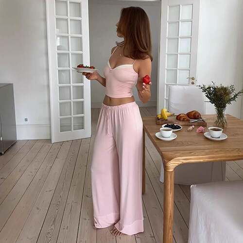 Cute Y2K Bowknot Lace Backless Crop Top & Long Pants Set