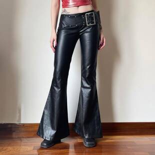 Women's Faux Leather Bell Bottom Boot Cut Pants Low Waist