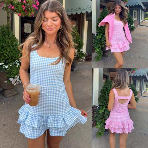 Women Gingham Mini Dress Plaid Spaghetti Strap Babydoll