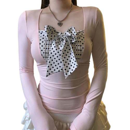 Polka Dot Bow Girls' T-Shirt Bowknot Print Shirt Square