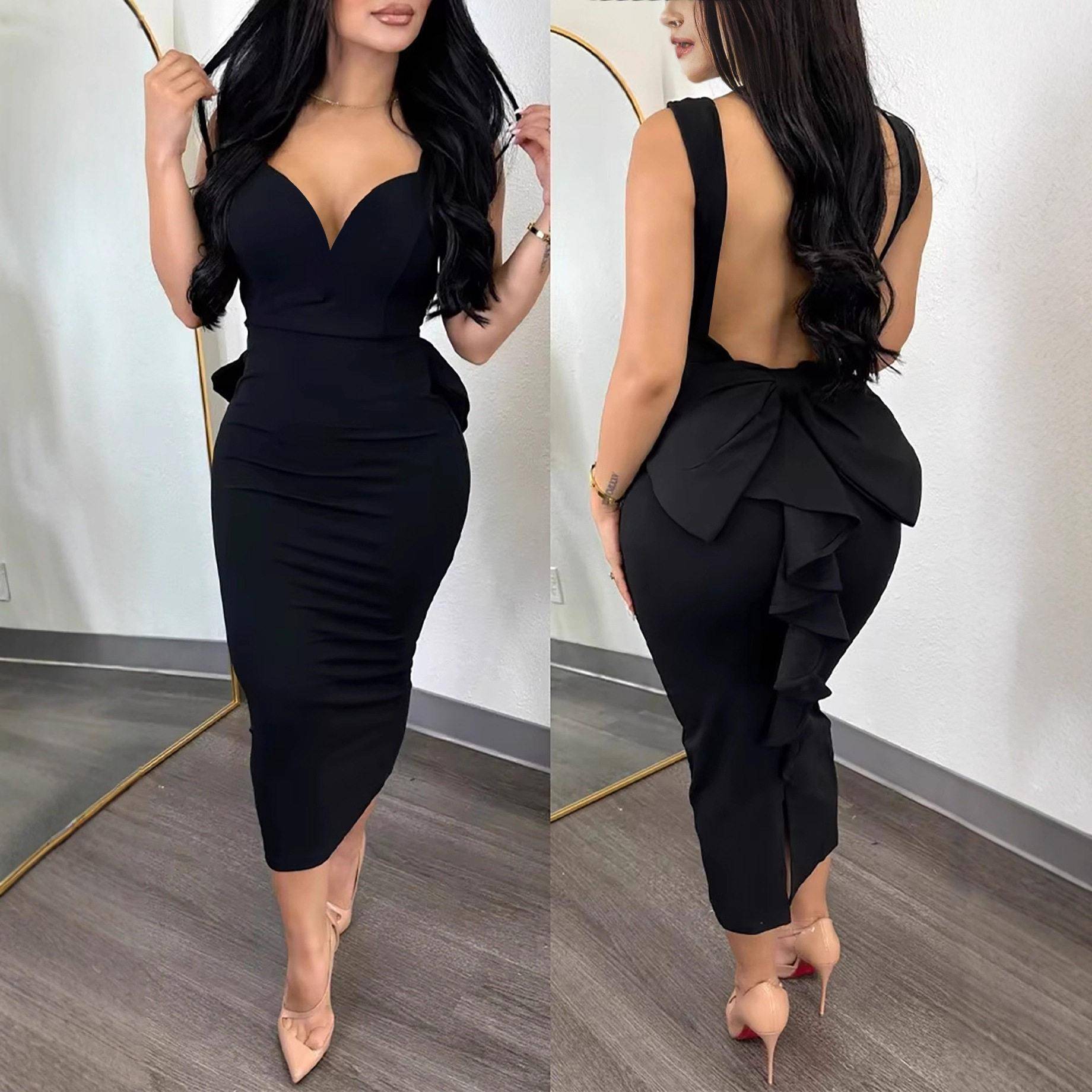 Womens Elegant Bridesmaid Dress Sexy backless deep Vneck - 实物图