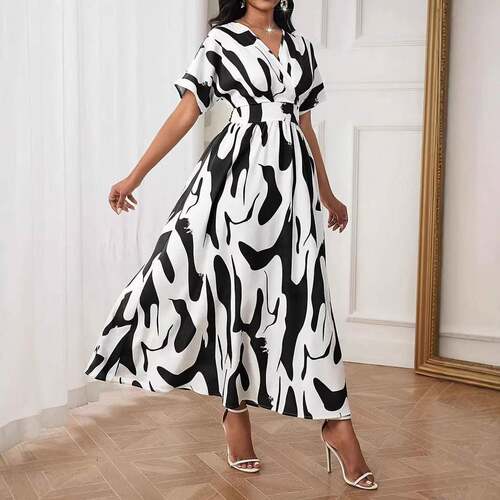 Casual Abstract Print Cross Neck A-Line Maxi Dress Long