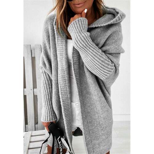Women's Plain Chunky Open Front Hooded Knitted Cardigan