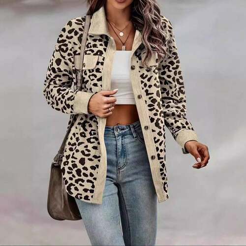 A ladies' khaki checkered button-up long-sleeved jacket that