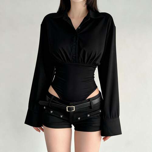 solid color slim-fit V-neck long-sleeved shirt jumpsuit