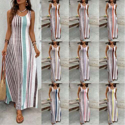 Women's Vertical Stripe Sleeveless Maxi Dress Crew Neck