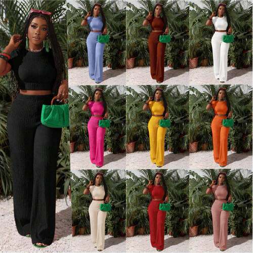 Women's Casual Short Sleeve Top & Wide Leg Pants Set Pure