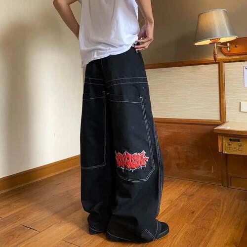 High-Waisted Loose Fit Jeans Unisex Vintage Embroidered