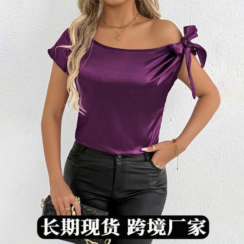 Short Sleeve Plain Color Asymmetrical Shoulder Tie Top
