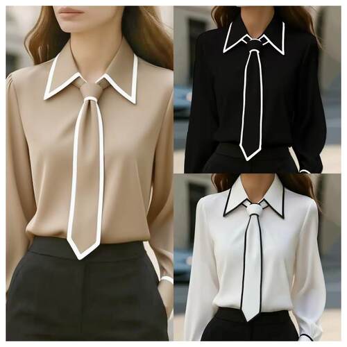 Women's Elegant Contrast Color Shirt Collared Long Sleeve