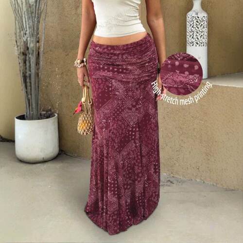 Women Boho Paisley Maxi Skirt High Waist Ruched Slim Fit