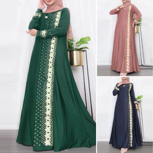 Womens Floral Dot Print Long Sleeve Maxi Dress Modest Round