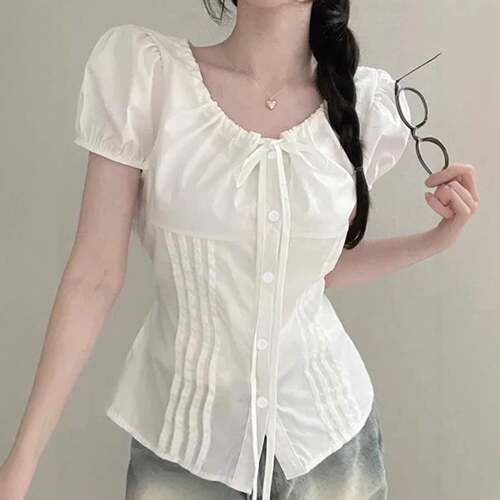 Pure Color Round Neck Bow Tie Button Shirt Blouse Y2K Bubble