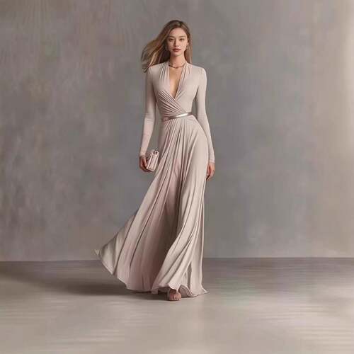 LikeMychoice Women's Deep V Wrap Maxi Dress Long Sleeve