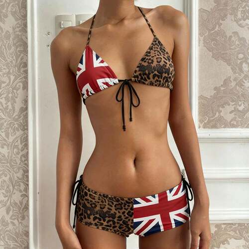 Leopard Print Halter Neck Top and Shorts Set Y2K Sexy