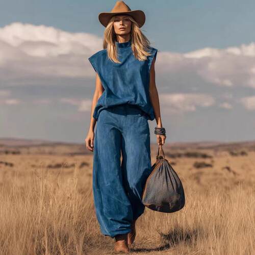 Women's 2 Piece Denim Blue Matching Set  Sleeveless High