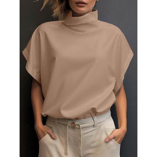 Solid High Neck Batwing Sleeve Blouses Shirts Casual Short
