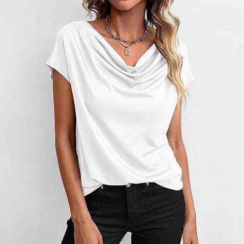Solid Cowl Neck Blouse Casual Short Sleeve Top for Summer