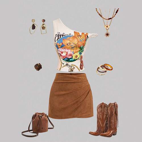 Women's Asymmetric Shoulder Vintage Floral Twist Front Top