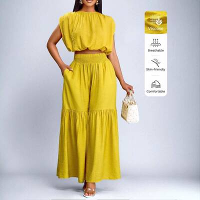 Women's Casual Solid Color Top + Loose Long Pants Set  2
