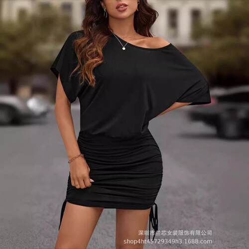 Batwing Sleeve Ruched Bodycon Mini Short Dress New European
