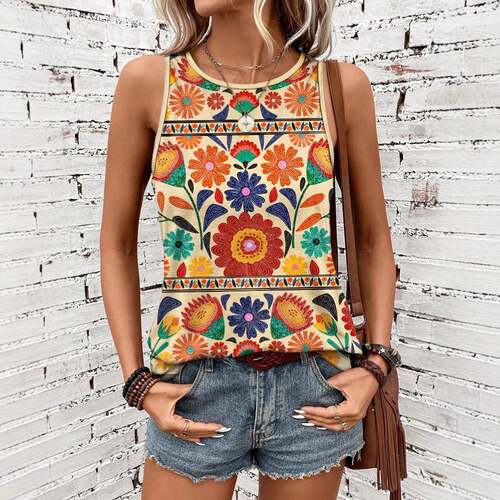 Women's Boho Vintage Floral Print Round Neck Tank Top Boho