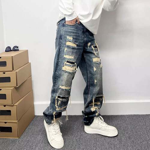 Mens Ripped Baggy Jeans Distressed Streetwear Skateboard