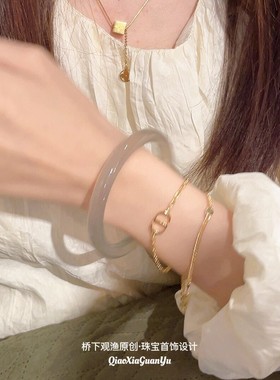 2026天然冰种烟灰色玛瑙玉髓手镯高级灰玉镯子百搭圆条少女玉石美