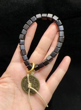2026天然黑檀木方糖绿檀木方块珠搭配合金山鬼铜钱手串时尚文玩手