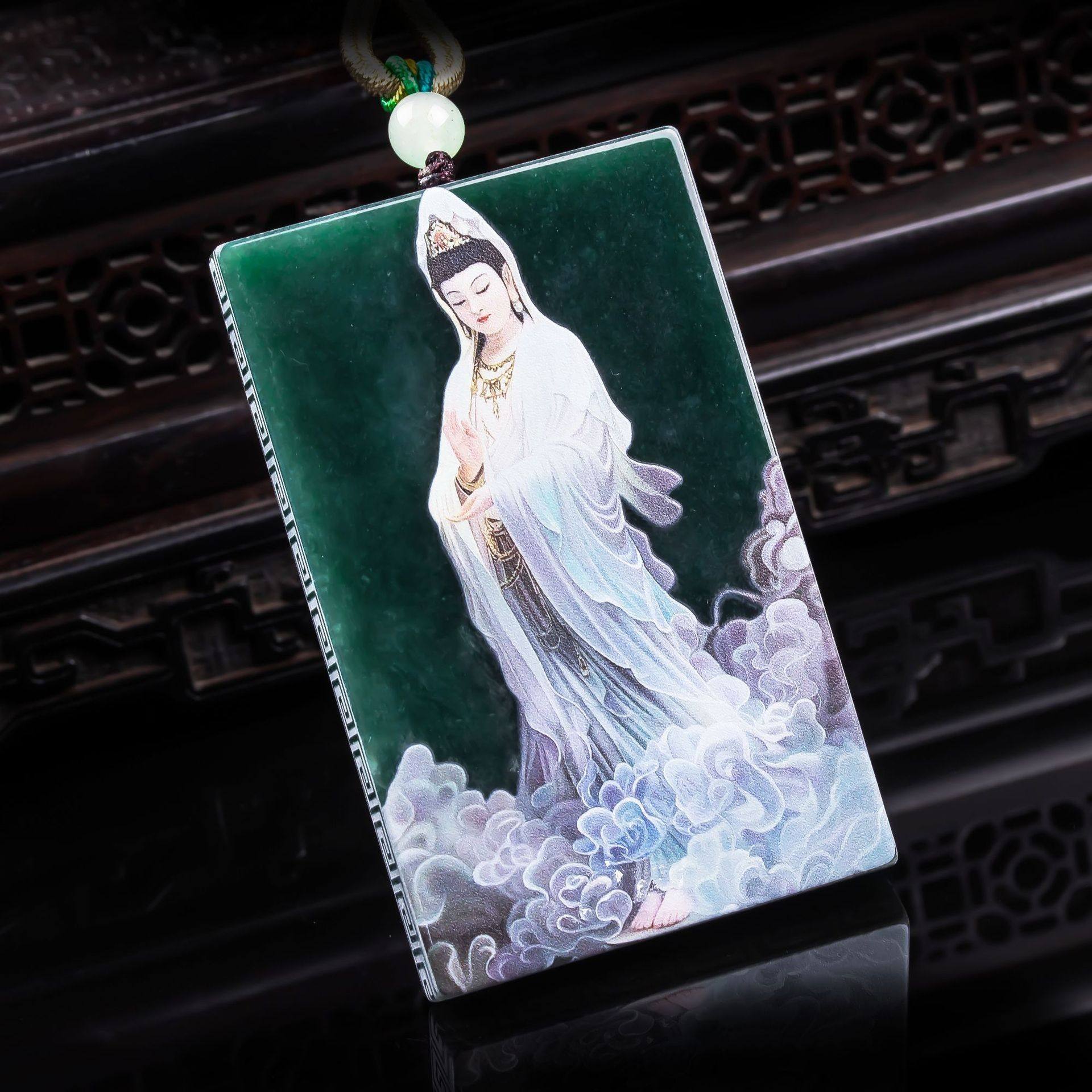 2026天然A货翡翠观音牌精工超清喷绘高冰种老玉石吊坠挂件玉佩玉