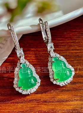 2026厂家销售天然绿玉髓葫芦耳坠新中式福禄耳钉镶嵌镀银耳坠国风