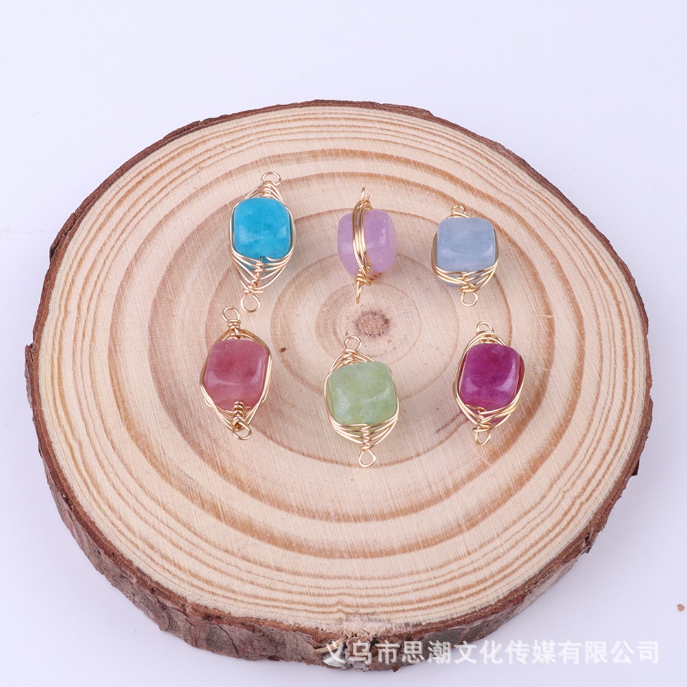 2026天然石切面正方形吊坠手工铜丝绕线 柱形双吊连接器DIY饰品配