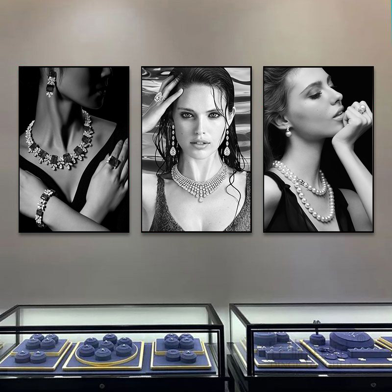 珠宝店挂画奢侈品店名贵首饰项链展柜装饰画模特钻戒宣传海报壁画