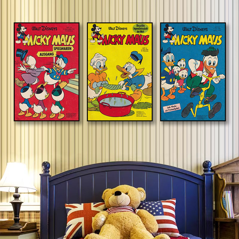 迪士尼客厅装饰画卡通唐老鸭卧室床头挂画美式儿童房复古艺术壁画