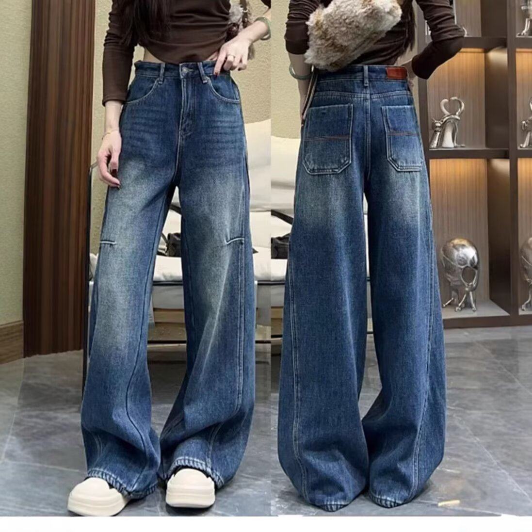 美式复古破洞弯刀牛仔裤女早春季设计感宽松显瘦拖地阔腿镰刀裤子