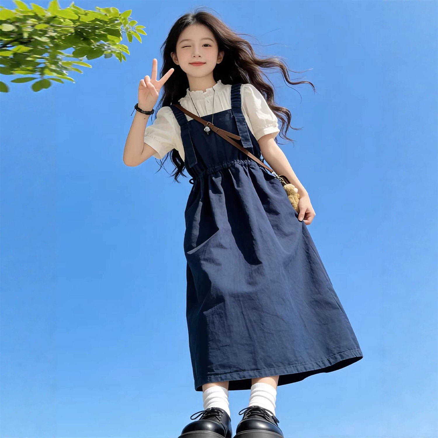 女童连衣裙套装夏季新款洋气中大童时尚韩系背带裙两件套初中学生