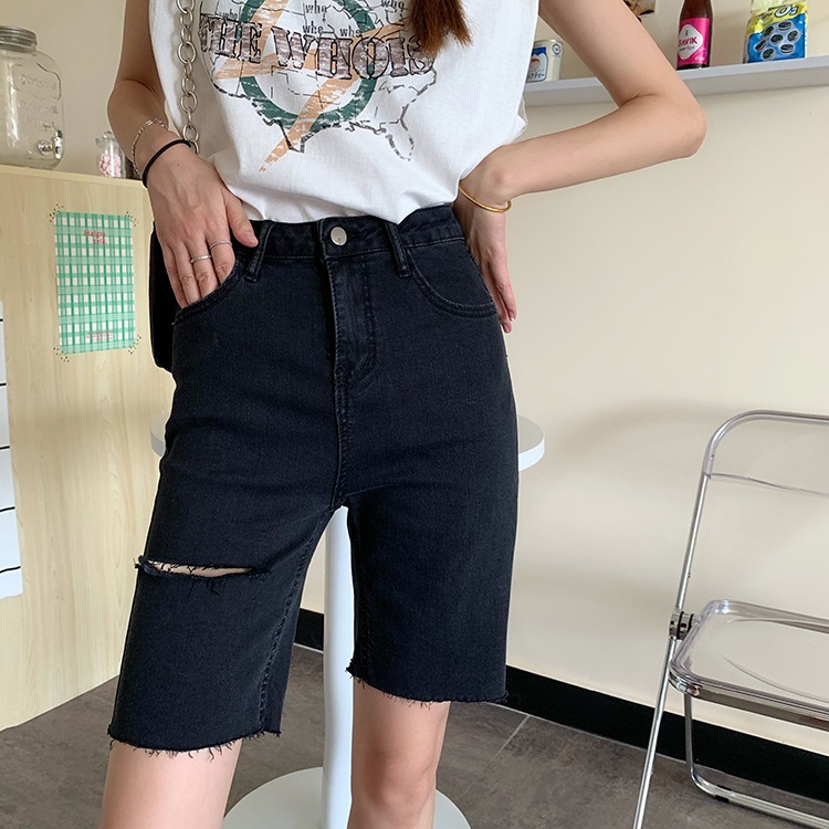 复古高腰破洞牛仔裤女2025年夏季新款修身直筒裤短裤裤子五分裤夏