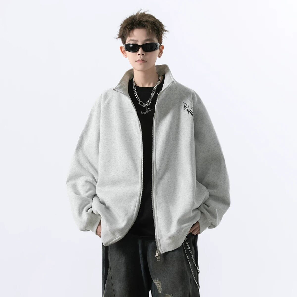 美式复古潮牌字母刺绣立领夹克男秋季慵懒bf风宽松卫衣开衫外套潮