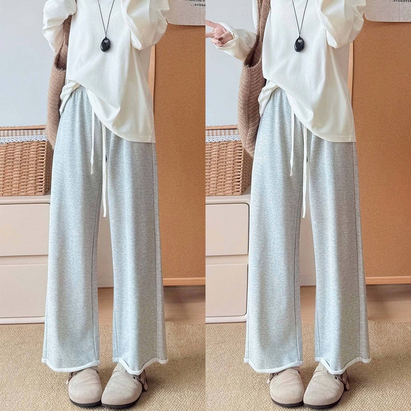 灰色卷边阔腿九分裤女秋季新款韩系高腰显瘦窄版休闲直筒运动卫裤