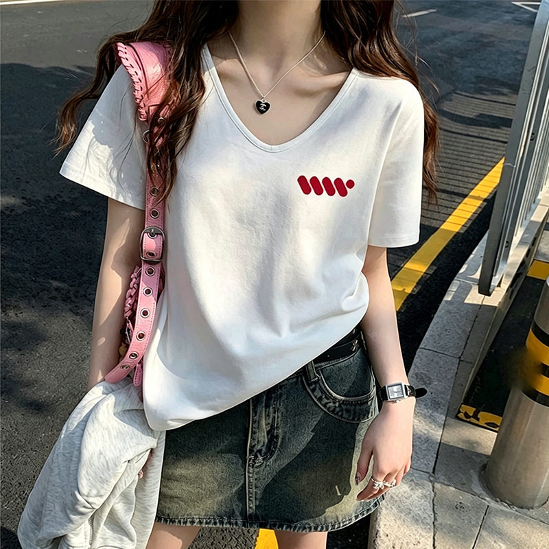 美式复古慵懒风白色V领纯棉短袖T恤女夏季宽松显瘦休闲百搭上衣潮