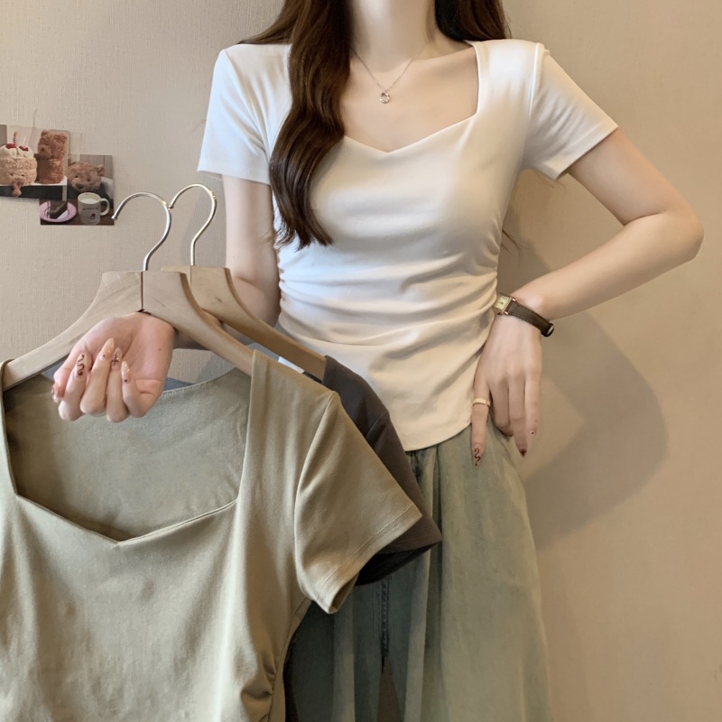 方领正肩短袖t恤女夏季2025新款收腰修身显瘦短款学生褶皱上衣潮