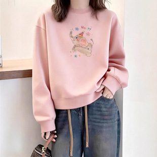 粉色无帽卫衣女秋冬季爆款时尚洋气小个子圆领套头长袖上衣