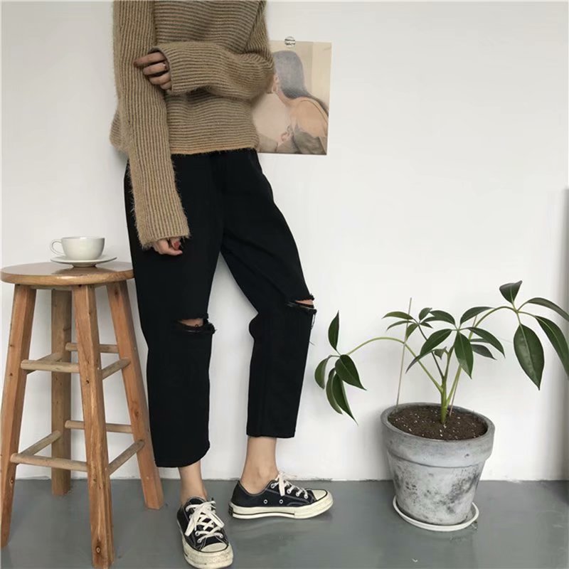 破洞牛仔裤女夏薄款宽松弹力高腰大码黑色九分烟管直筒裤小个子