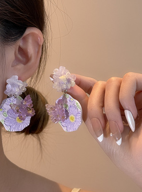 银针紫色蝴蝶花朵油画艺术感耳环女款小众高级感耳饰精致个性耳钉