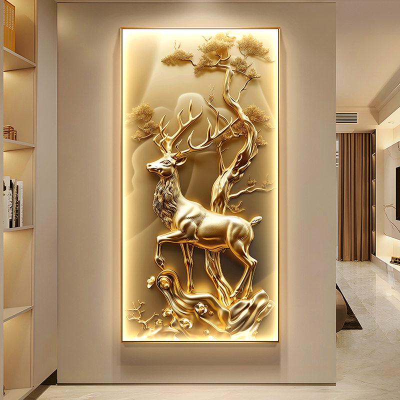 轻奢麋鹿正对门玄关装饰画迎客松入户带灯挂画立体感走廊过道壁画