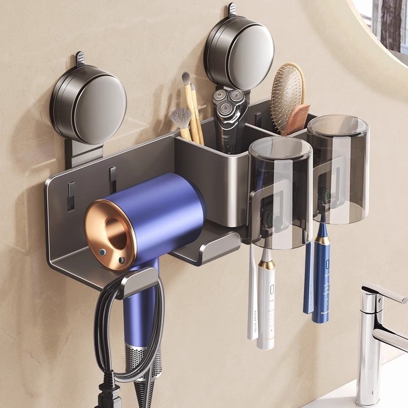吸盘牙刷置物架吹风机架免打孔卫生间电动牙刷漱口牙杯牙膏架子