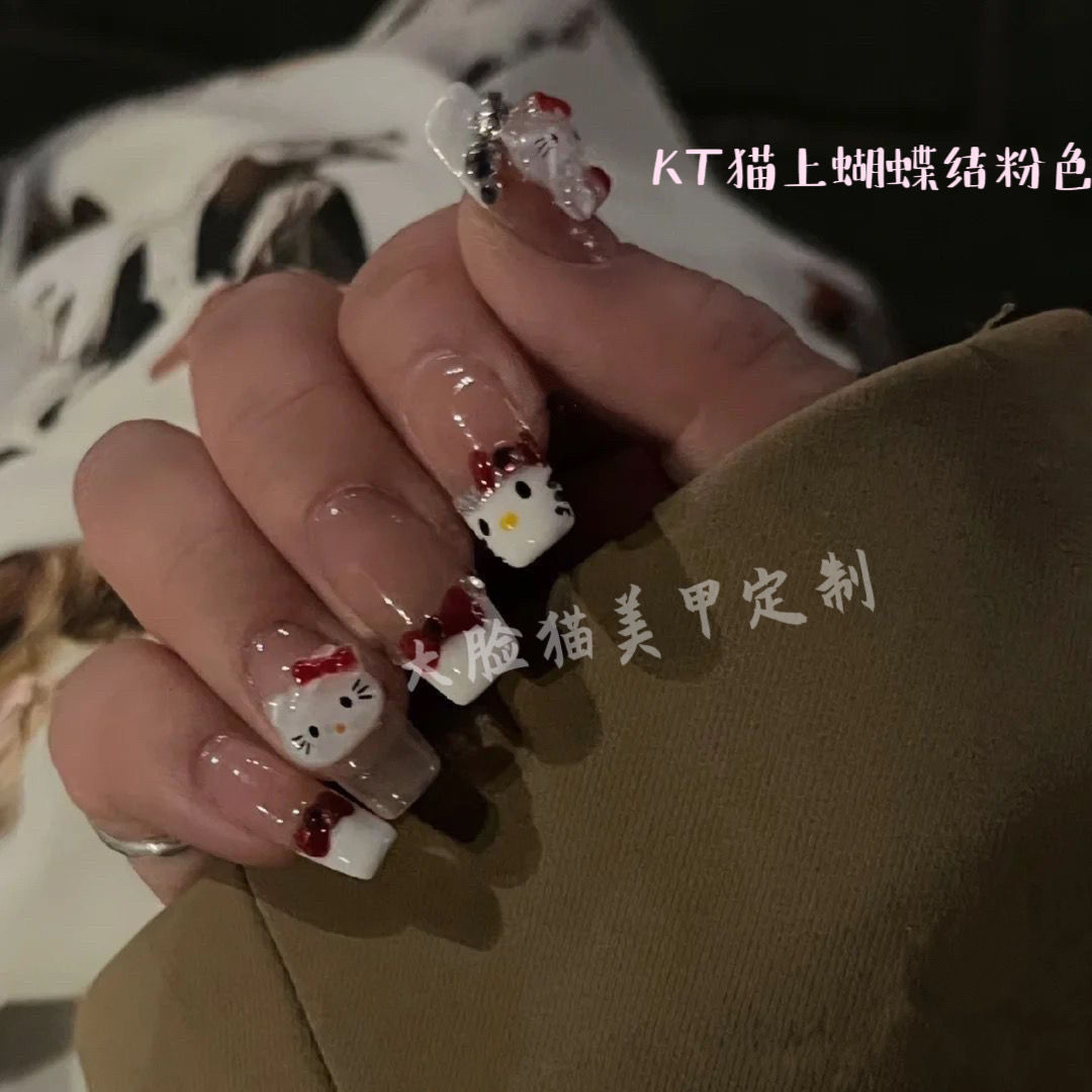 手工美甲 新款y2k辣妹hello Kitty蝴蝶结穿戴甲纯手工可重复使用