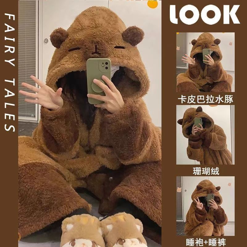 冬天睡衣长袍卡皮巴拉睡衣女秋冬可爱卡通珊瑚绒长款保暖加绒加厚